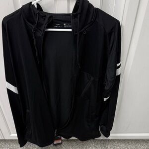 Nike Men's Black Performance Jacket with White Accents and hood.